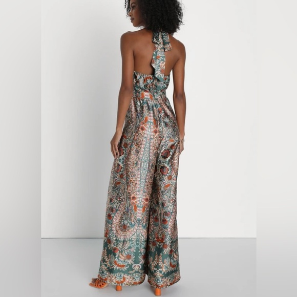 Lulu’s Divine Wanderings Teal Green Scarf Print Jumpsuit - Picture 2 of 3